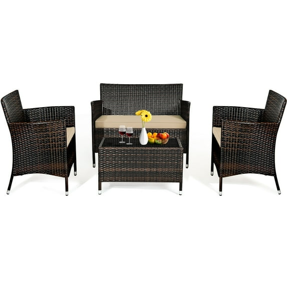 Patiojoy 4-Piece Patio Rattan Wicker Furniture Set Sofa Chair Table Set w/ Mix Brown Cushions