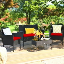 Patiojoy 4-Piece Rattan Patio Conversation Set Cushioned Sofa with Coffee Table Red