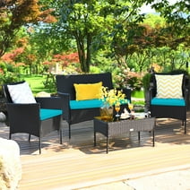 Patiojoy 4-Piece Rattan Patio Conversation Set Cushioned Sofa with Coffee Table Turquoise