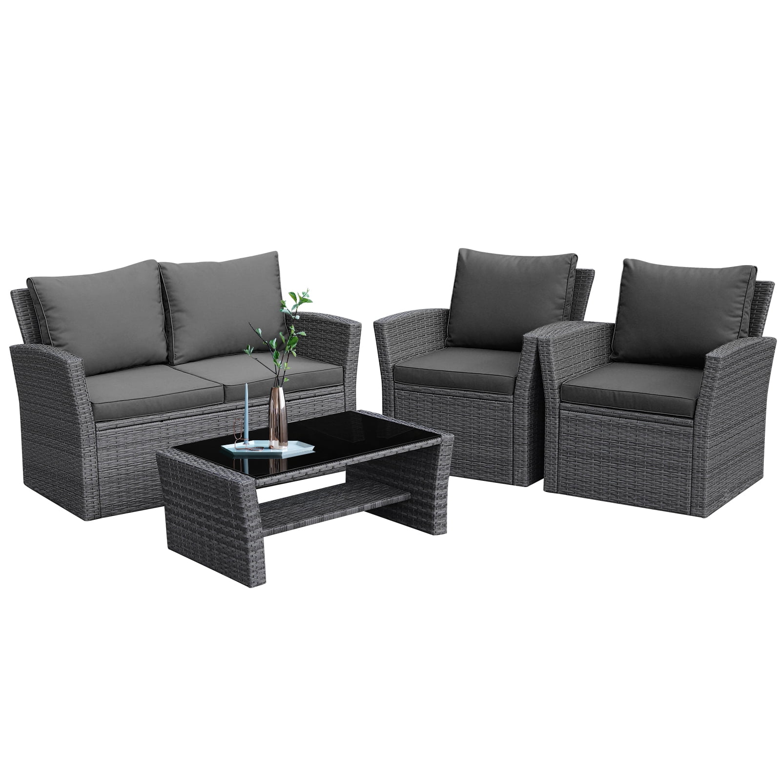 Patiojoy 4 Piece Rattan Wicker Patio Outdoor Furniture Sofa Set