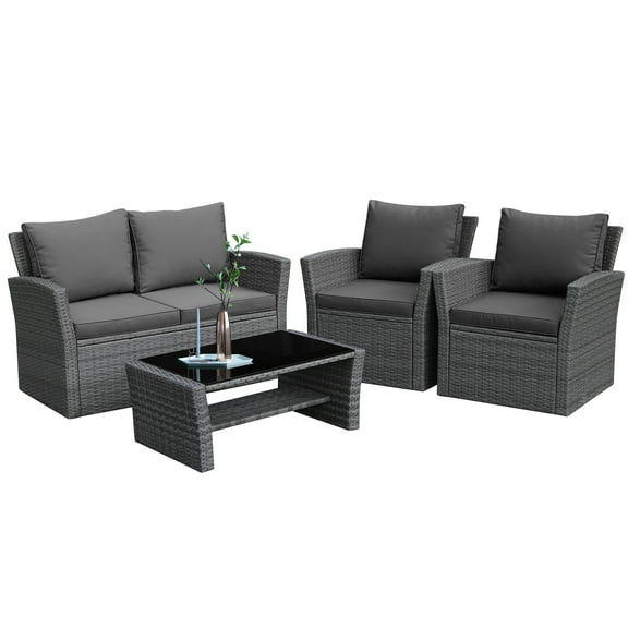 Patiojoy 4-Piece Rattan Wicker Patio Outdoor Furniture Sofa Set with Cushions & Tempered Glass Table Grey