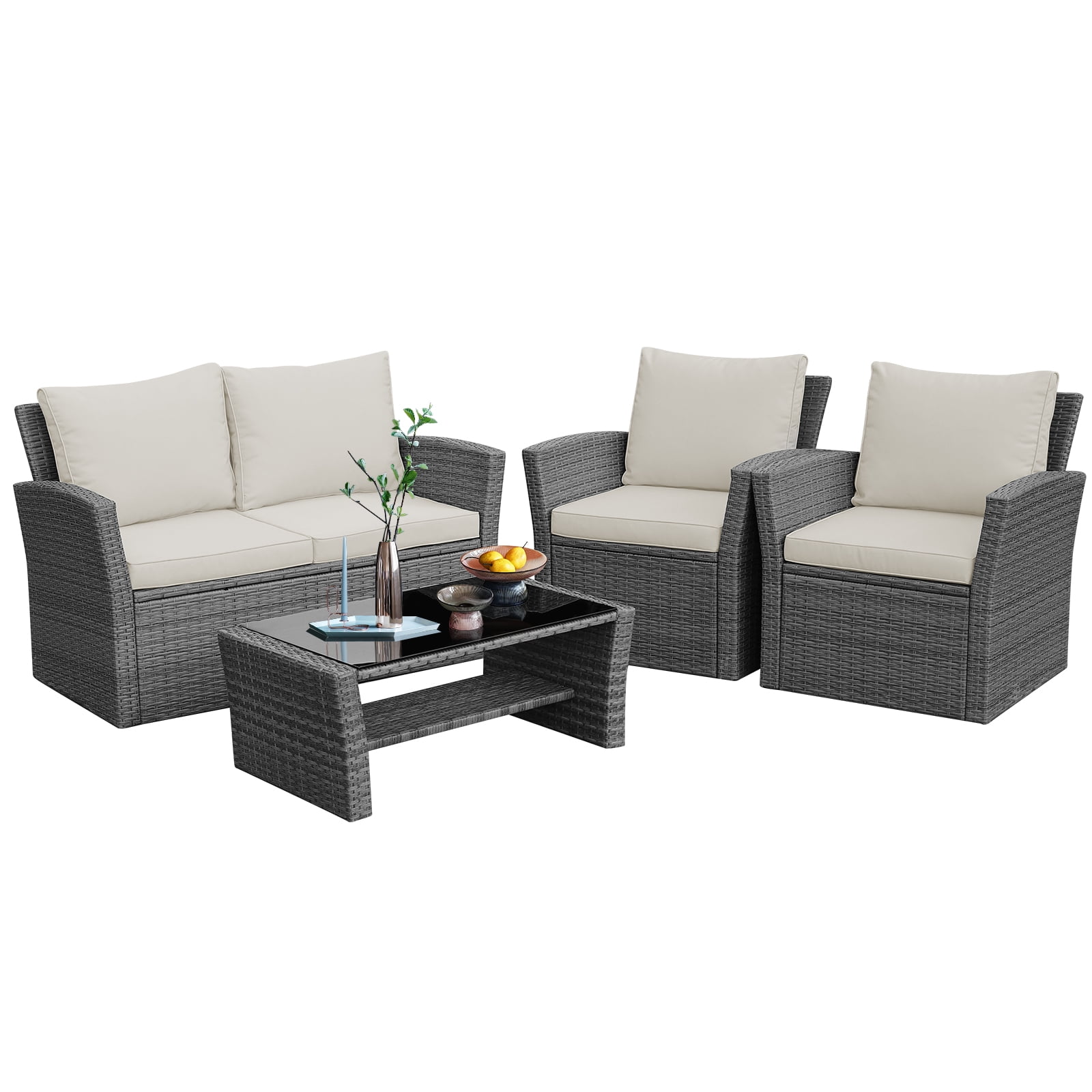 Patiojoy 4Piece Rattan Wicker Patio Outdoor Furniture Sofa Set with Cushions & Tempered Glass