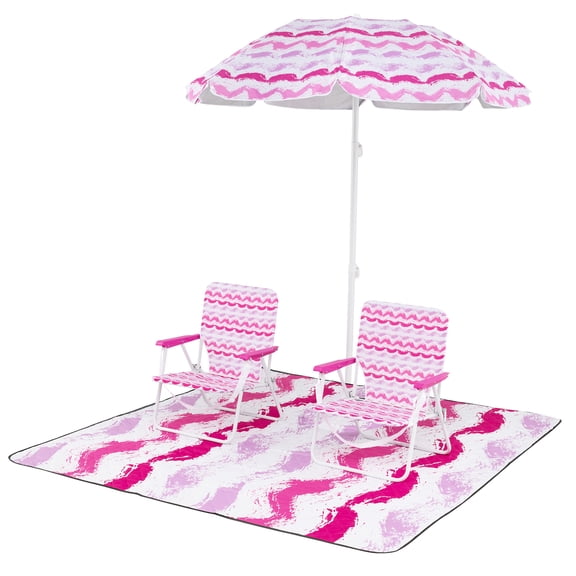 Patiojoy 4 Pieces Beach Umbrella Set Outdoor Parasol Set w/2 Chairs & 1 Blanket Pink