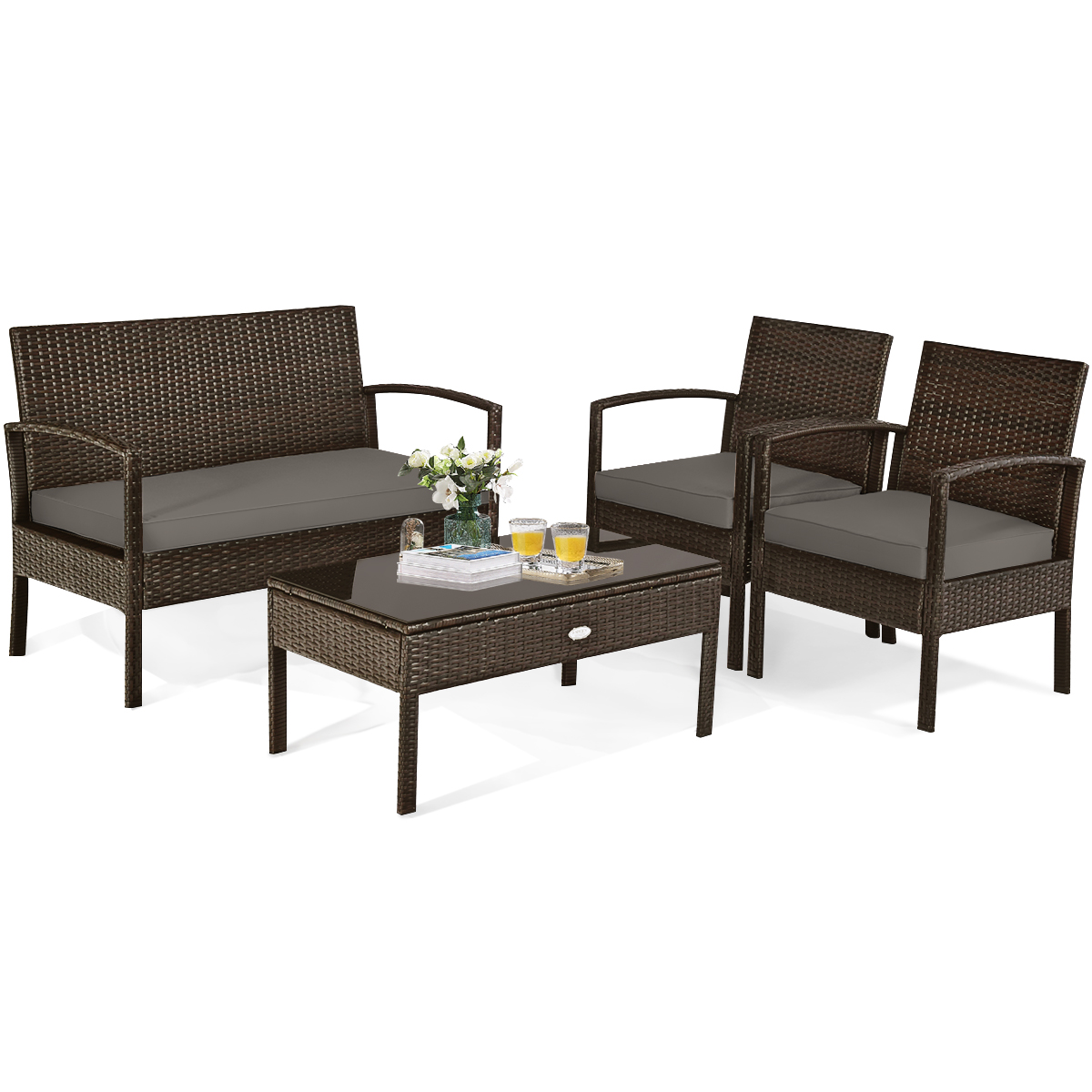 Patiojoy 4 Pieces Outdoor Patio Rattan Furniture Wicker Conversation Set Cushioned - image 1 of 5