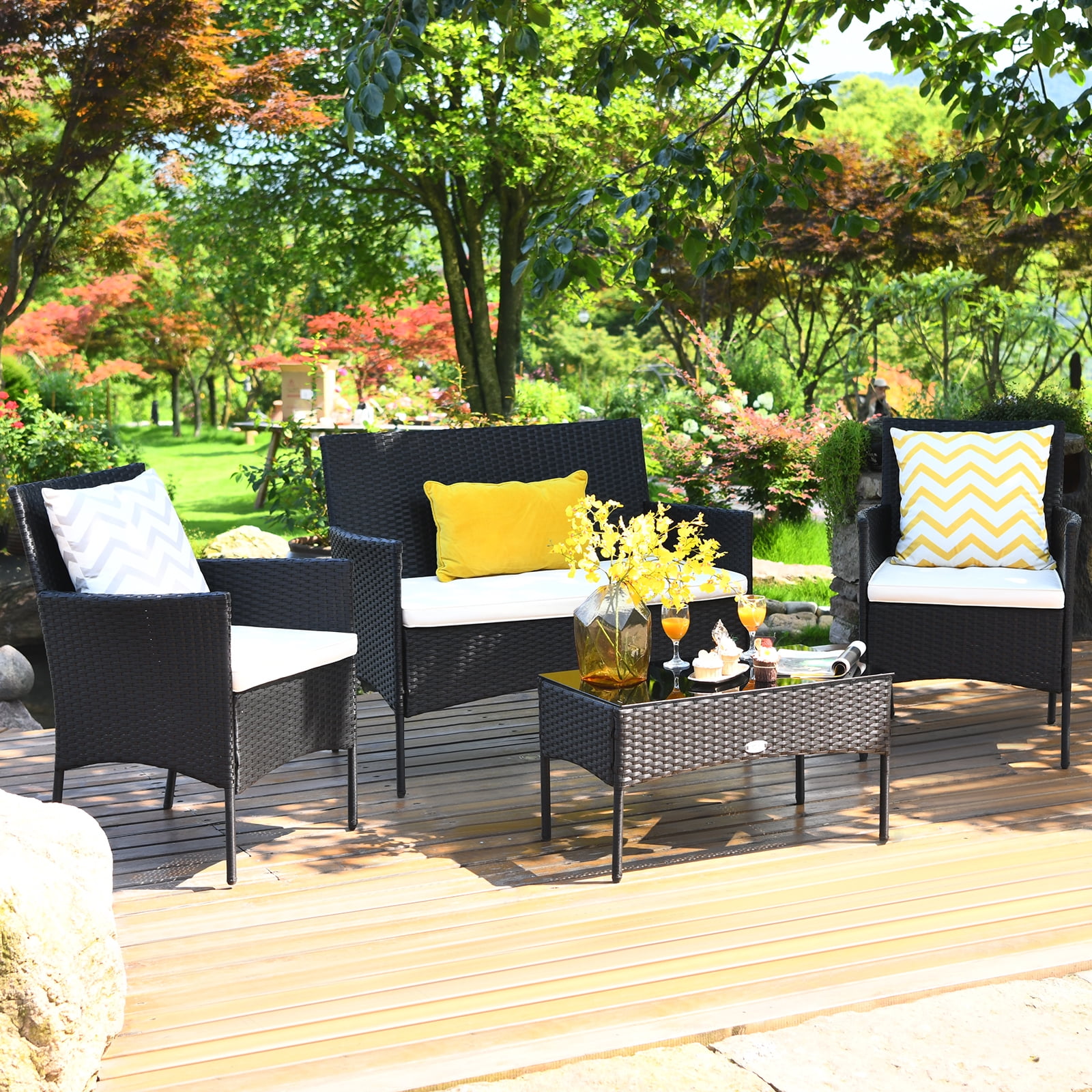 Patiojoy 4 Pieces Patio Rattan Furniture Set Loveseat Sofa Cushioned White
