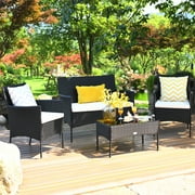 Patiojoy 4 قطع أثاث الفناء الروطان أريكة Loveseat مبطنة باللون الأبيض