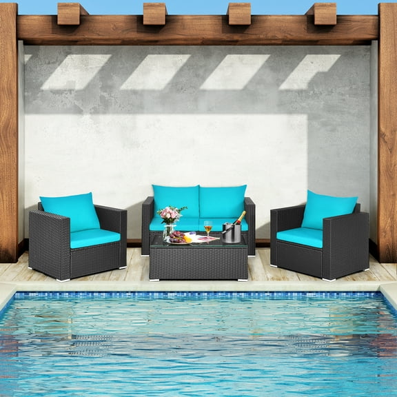 Patiojoy 4PC Patio Rattan Wicker Conversation Furniture Set Sectional Sofa & Coffee Table Turquoise
