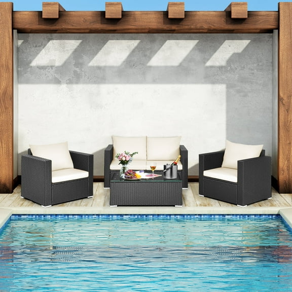 Patiojoy 4PC Patio Rattan Wicker Conversation Furniture Set Sectional Sofa & Coffee Table White