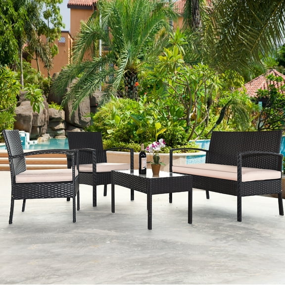 Patiojoy 4PCS Conversation Wicker Set Patio Rattan Table&Cushioned Chair