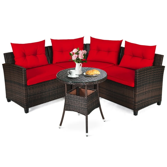 Patiojoy 4PCS Outdoor Patio Conversation Set Wicker Rattan Sectional Sofa W/Red Cushions