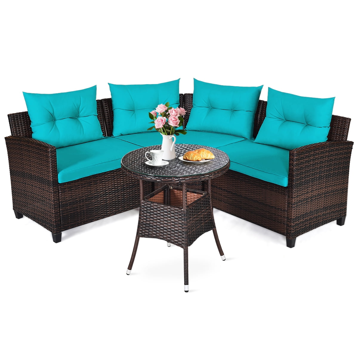 Turquoise Cushioned Rattan Outdoor Furniture Set with Glass Table