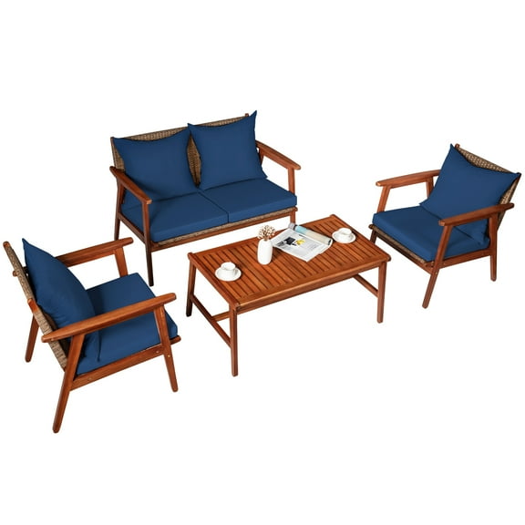 Patiojoy 4PCS Patio Outdoor Rattan Furniture Set Acacia Wood Frame Conversation Set w/Coffee Table Navy