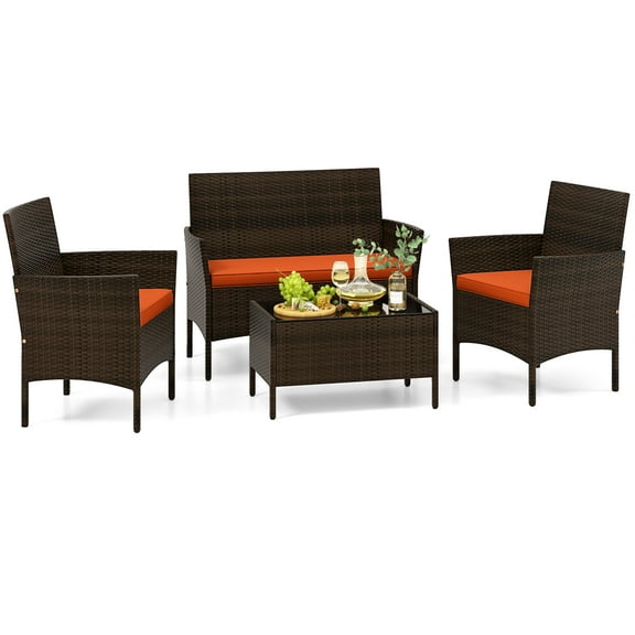 Patiojoy 4PCS Patio Rattan Wicker Furniture Set Sofa Chair Table Set W/ Orange Cushions