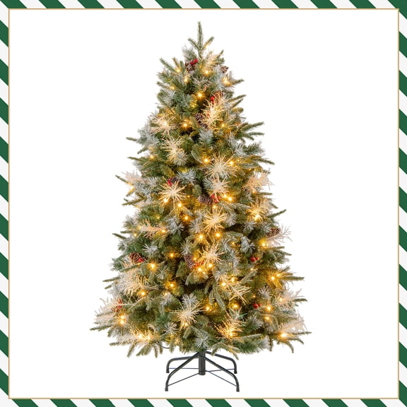 Patiojoy 5 FT Pre-lit Artificial Christmas Tree Hinged Xmas Tree with Pine Cones & Red Berries