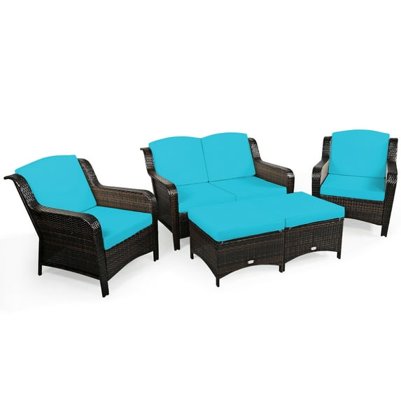 Patiojoy 5 PCS Patio Rattan Sectional Sofa Set Outdoor Furniture Conversation Set Cushioned Loveseat Sofa Ottoman Turquoise