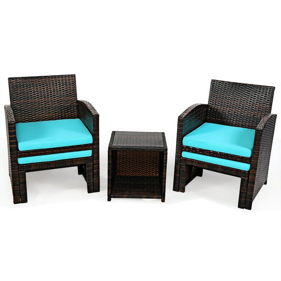 Patiojoy 5 PCS Patio Rattan Wicker Furniture Set Chair Coffee Table Kit w/Soft Cushion Ottoman Turquoise