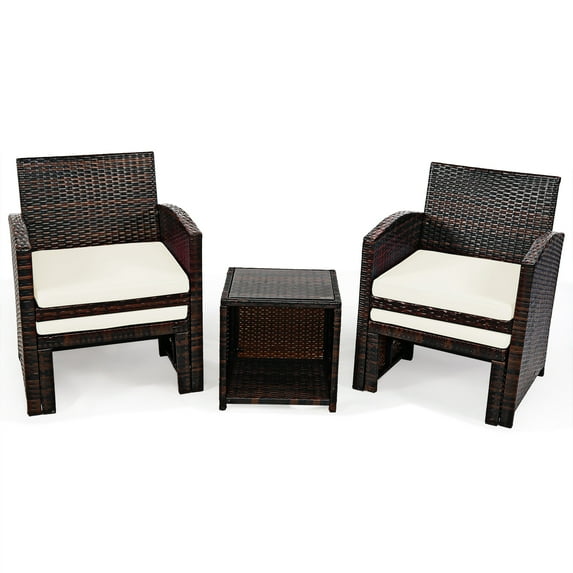 Patiojoy 5 PCS Patio Rattan Wicker Furniture Set Chair Coffee Table Kit w/Soft Cushion Ottoman White