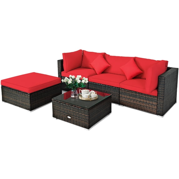 Patiojoy 5-Piece Outdoor Patio Sectional Rattan Sofa Set with Soft Back and Seat Cushion Red