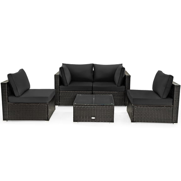 Patiojoy 5PCS Rattan Patio Furniture Set Cushioned Sofa Chair Coffee Table Set Easy Assemble Black