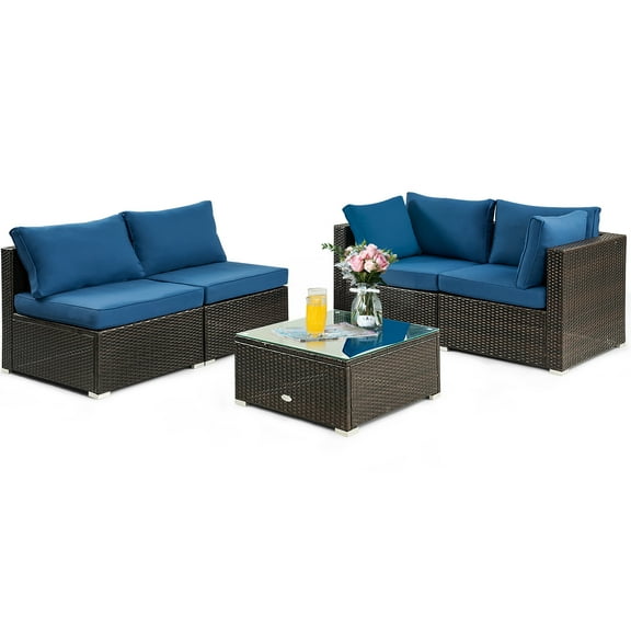 Patiojoy 5PCS Rattan Patio Furniture Set Cushioned Sofa Chair Coffee Table Set Easy Assemble Navy