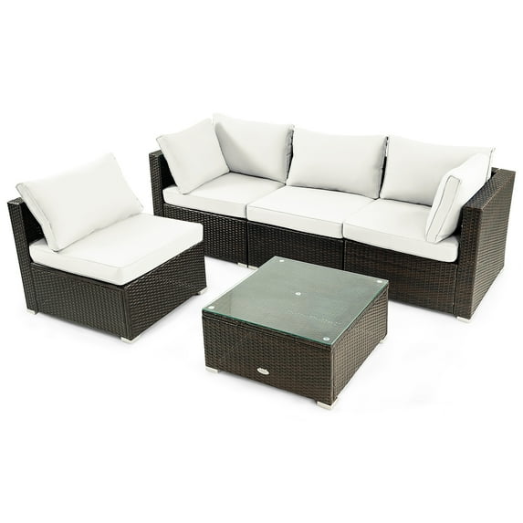 Patiojoy 5PCS Rattan Patio Furniture Set Cushioned Sofa Chair Coffee Table Set Easy Assemble White