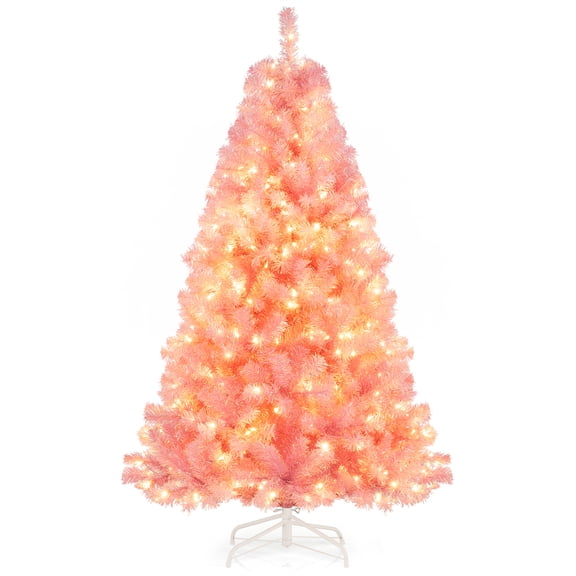 Patiojoy 6 FT Artificial Tinsel Christmas Tree Pre-lit Xmas Tree w/ 250 Warm White LED Lights Pink Branch Tips