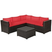 Patiojoy 6 PCS Patio Rattan Furniture Set Outdoor Wicker Conversation Sofa Set w/Tempered Glass Coffee Table Red