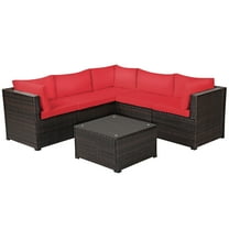 Patiojoy 6 PCS Patio Rattan Furniture Set Outdoor Wicker Conversation Sofa Set w/Tempered Glass Coffee Table Red