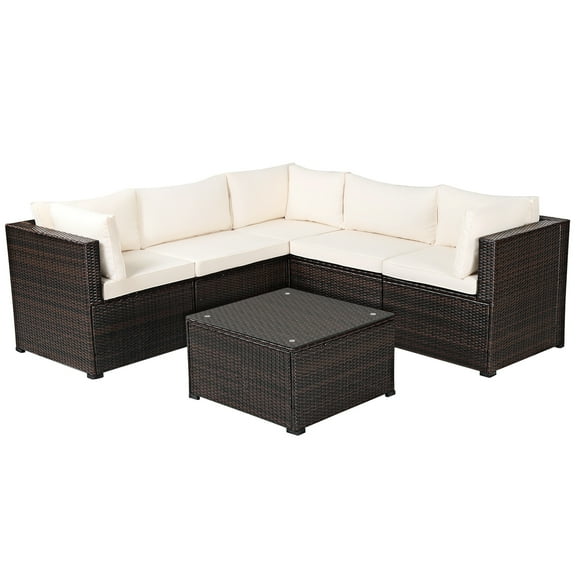 Patiojoy 6 PCS Patio Rattan Furniture Set Outdoor Wicker Conversation Sofa Set w/Tempered Glass Coffee Table White
