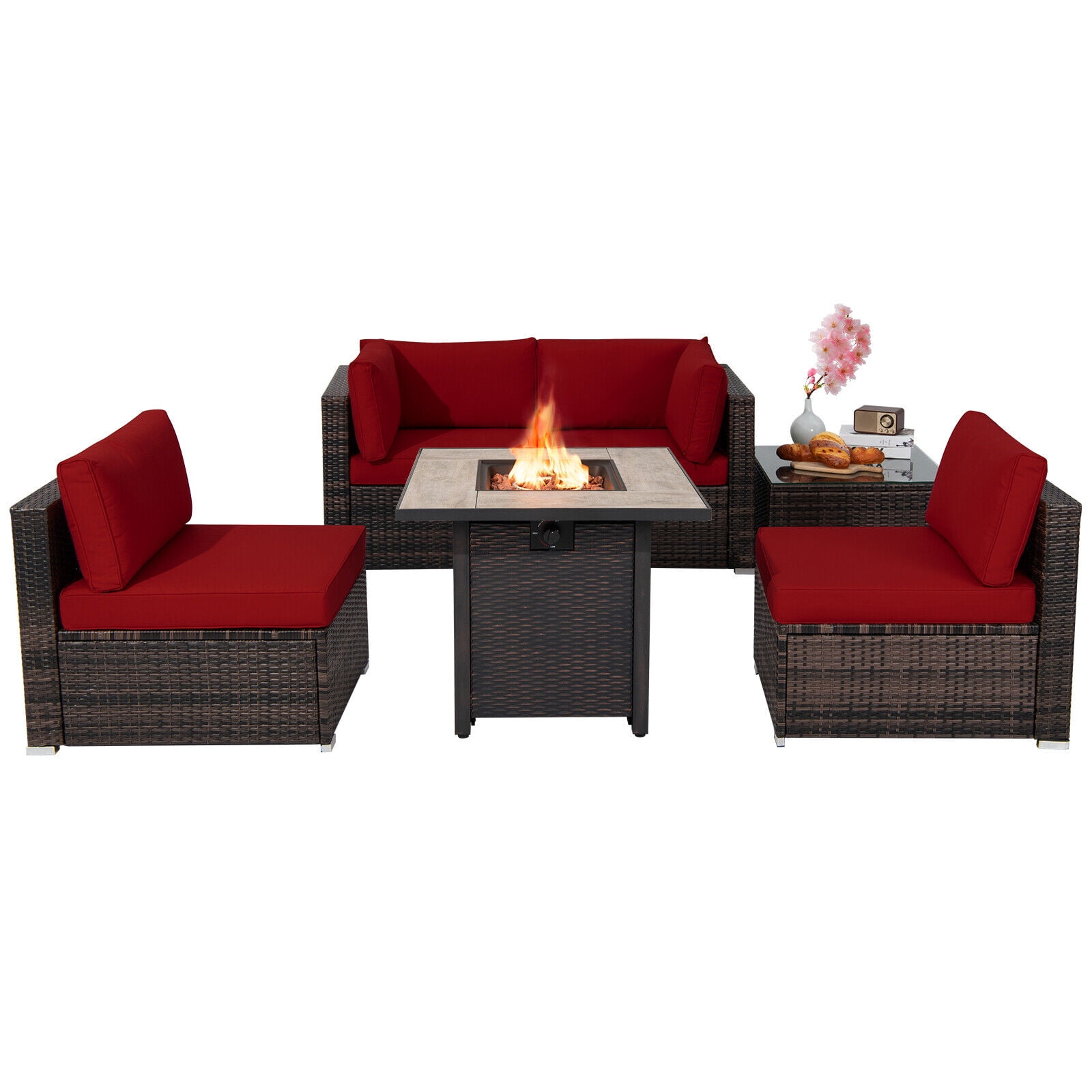 Patiojoy 6 PCS Outdoor Wicker Set with Fire Pit Table & Red Cushioned