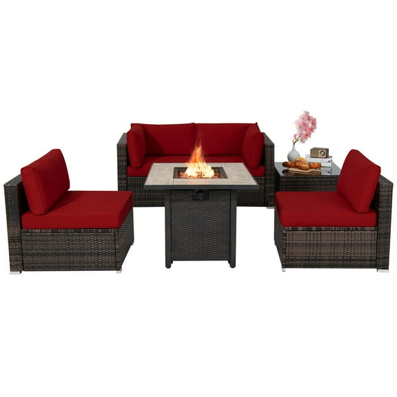 Patiojoy 6 PCS Patio Wicker Furniture Set With 30" Gas Fire Pit Table 50,000 BTU Red Cushions