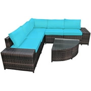 Patiojoy 6-Piece Outdoor Rattan Conversation Set Sectional Sofa Set with Arc-Shaped Table Turquoise