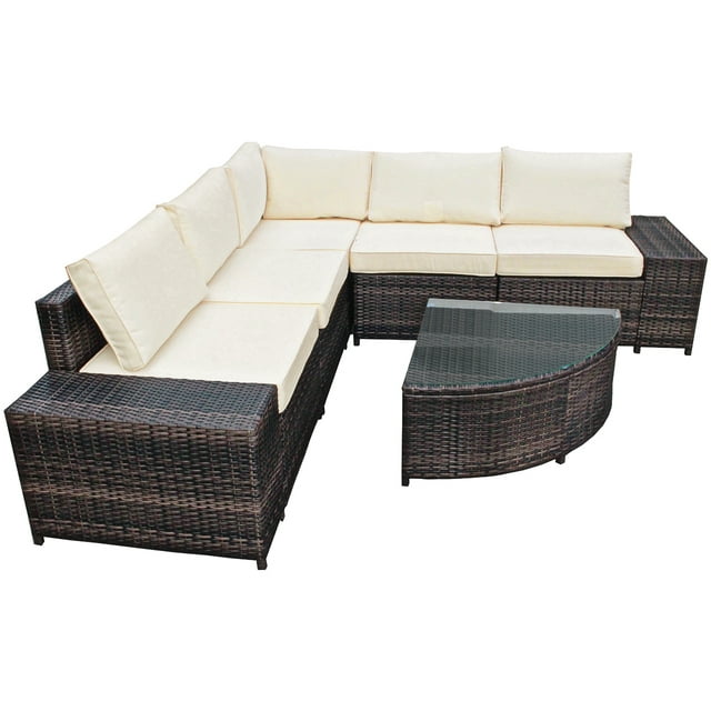 Patiojoy 6-Piece Outdoor Rattan Conversation Set Sectional Sofa Set with Arc-Shaped Table White
