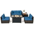 thumbnail image 1 of Patiojoy 6 Pieces Outdoor PE Rattan Wicker Sectional Sofa with 42" 60,000 BTU Gas Fire Pit Table, Patio Conversation Set with Tempered Glass Coffee Table Navy Blue, 1 of 10