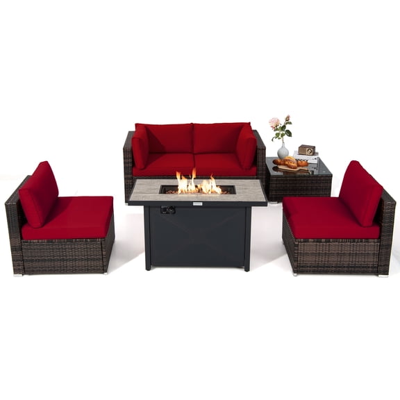 Patiojoy 6 Pieces Outdoor PE Rattan Wicker Sectional Sofa with 42" 60,000 BTU Gas Fire Pit Table, Patio Conversation Set with Tempered Glass Coffee Table Red
