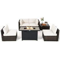 Patiojoy 6 Pieces Outdoor PE Rattan Wicker Sectional Sofa with 42" 60,000 BTU Gas Fire Pit Table, Patio Conversation Set with Tempered Glass Coffee Table Off White
