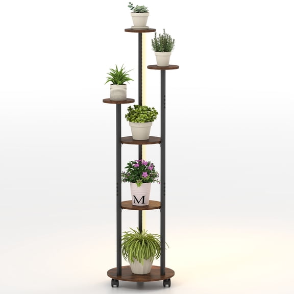 Patiojoy 6-tier Plant Stand with RGB Light & Wheels 57” Tall Indoor Display Shelf Flowerpot Holder with 20 Lighting Modes Rustic Brown