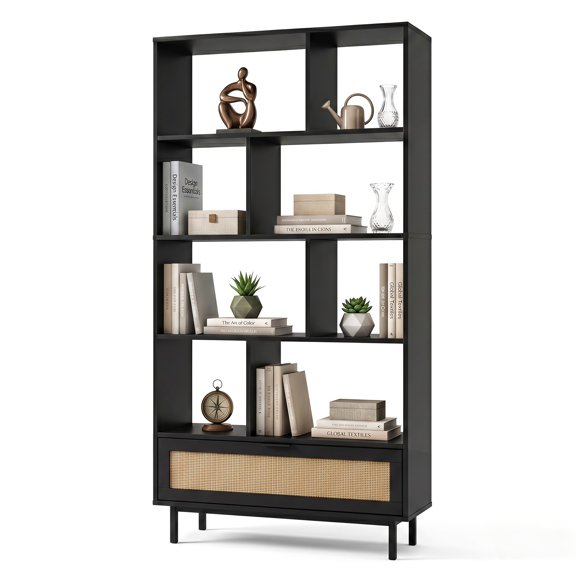 Patiojoy 64" Tall Freestanding Wooden Bookcase 6-Tier Bookshelf with Rattan Drawer Black