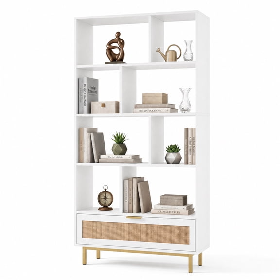 Patiojoy 64" Tall Freestanding Wooden Bookcase 6-Tier Bookshelf with Rattan Drawer White