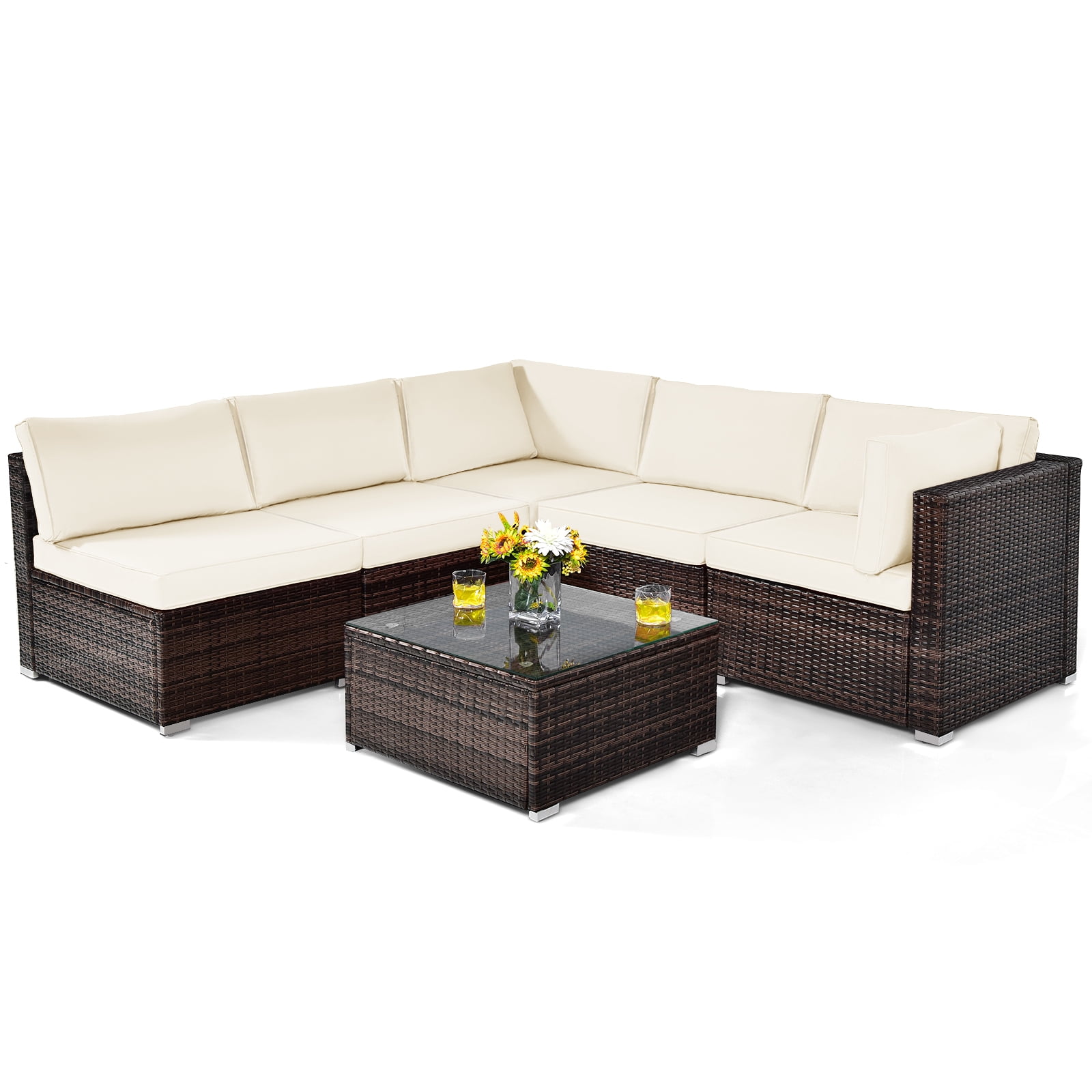 Patiojoy 6PCS Wicker Patio Sectional Conversation Furniture Set with