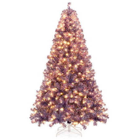 Patiojoy 7.5 FT Artificial Tinsel Christmas Tree Pre-lit Xmas Tree w/ 550 Warm White LED Lights Deep Purple Branch Tips