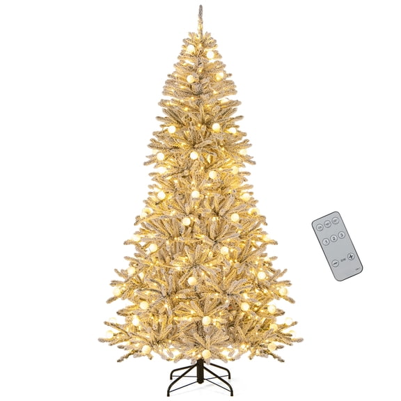Patiojoy 7 FT Snow-flocked Artificial Christmas Tree Pre-lit Hinged Xmas Tree with 65 Sphere Lights