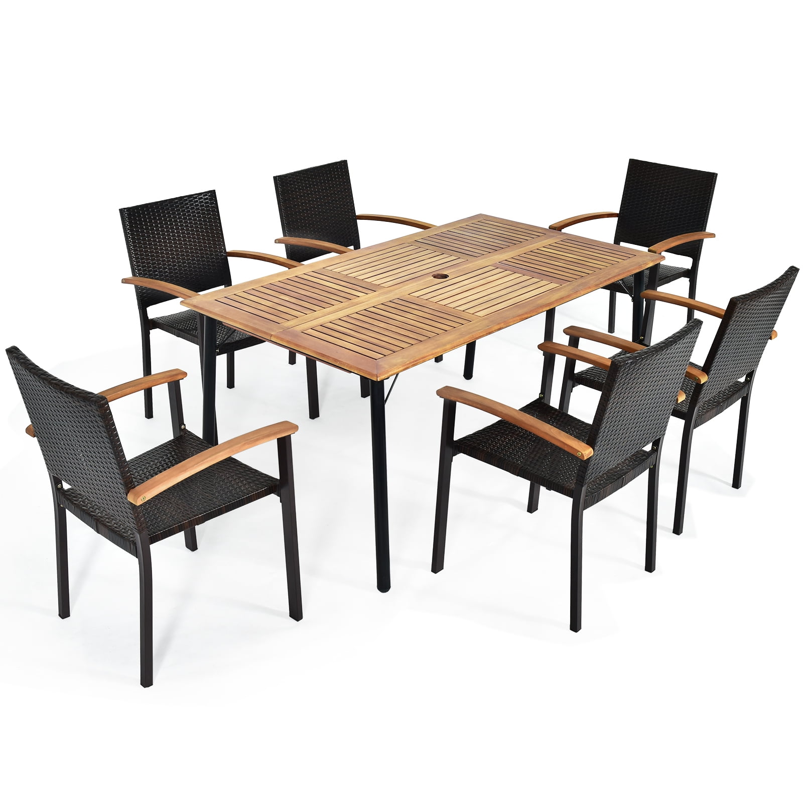 Acacia Wood and Black Metal 6-Person Outdoor Dining Set with Rattan Chairs