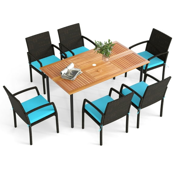 Patiojoy 7- Piece Patio Dining Furniture Set Acacia Wood and Wicker Dining Table Armchairs Turquoise