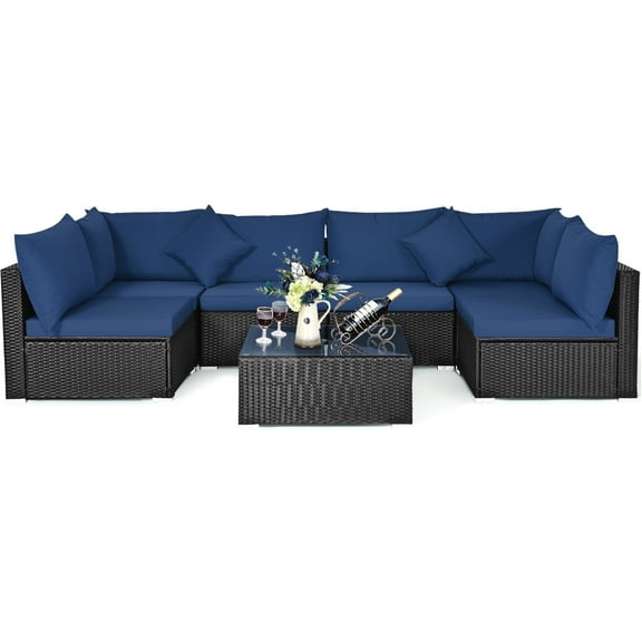 Patiojoy 7-Piece Patio PE Rattan Sectional Sofa Furniture Set Wicker Sofa Conversation Set Navy
