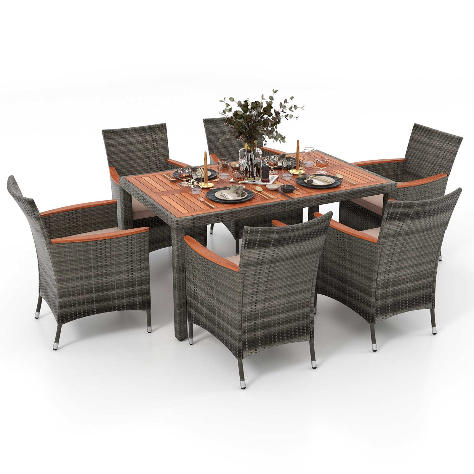 Gray 7-Piece Patio Rattan Dining Set with Acacia Wood Table