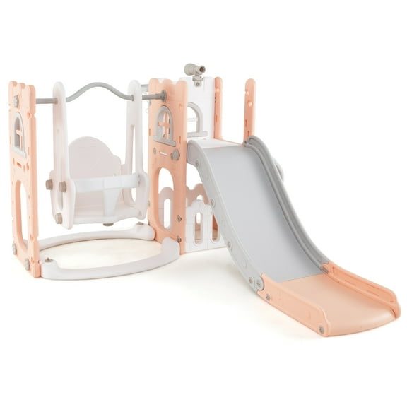 Patiojoy 7 in 1 L-shaped Toddle Swing and Slide Set Freestanding Toddler Slide Playset w/ Swing Pink