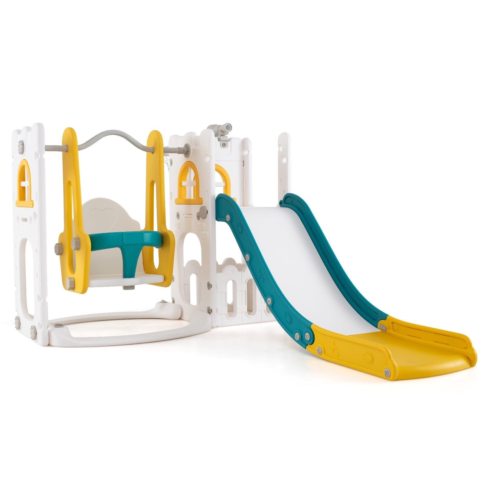 Patiojoy 7 in 1 L-shaped Toddle Swing and Slide Set Freestanding Toddler Slide Playset w/ Swing Yellow