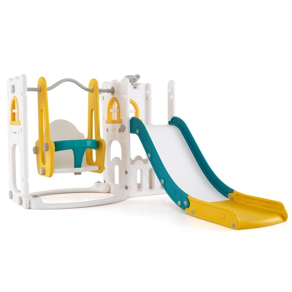Patiojoy 7 in 1 L-shaped Toddle Swing and Slide Set Freestanding Toddler Slide Playset w/ Swing Yellow