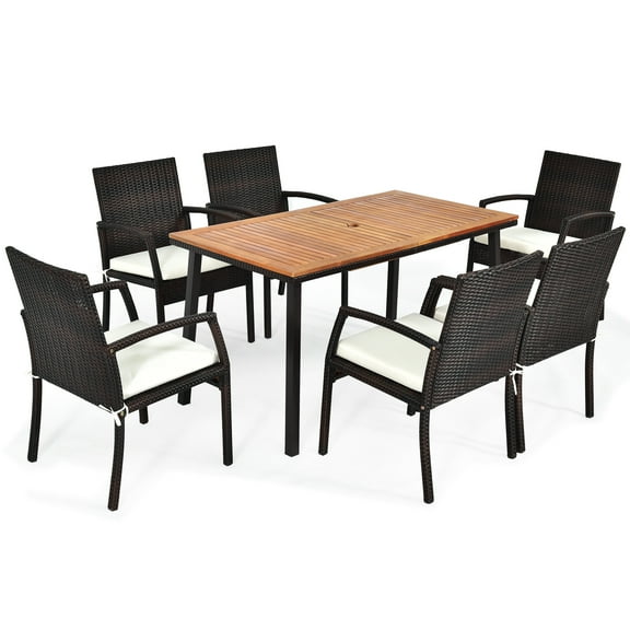 Patiojoy 7PCS Patio Rattan Furniture Dining Set Wooden Table Cushioned Chair